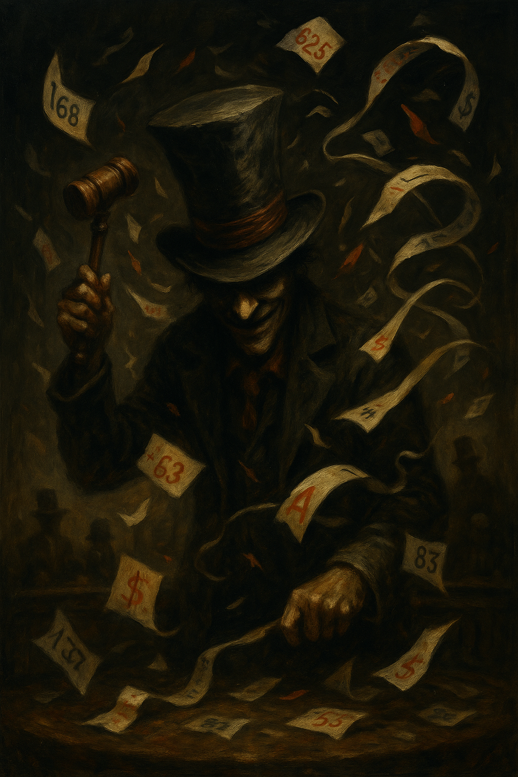 A shadowy auctioneer surrounded by swirling price tags and bid numbers